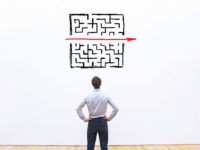 problem and solution concept, business man thinking about exit from complex labyrinth smart